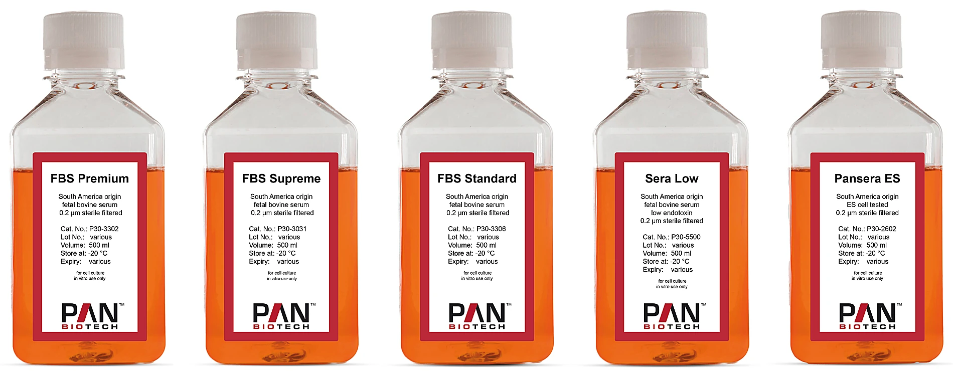 Fetal bovine serum by PAN-Biotech: FBS Premium, FBS Supreme, FBS Standard, Sera Low (low endotoxin) and Pansera ES (ES cell tested), 0.2 µm sterile filtered