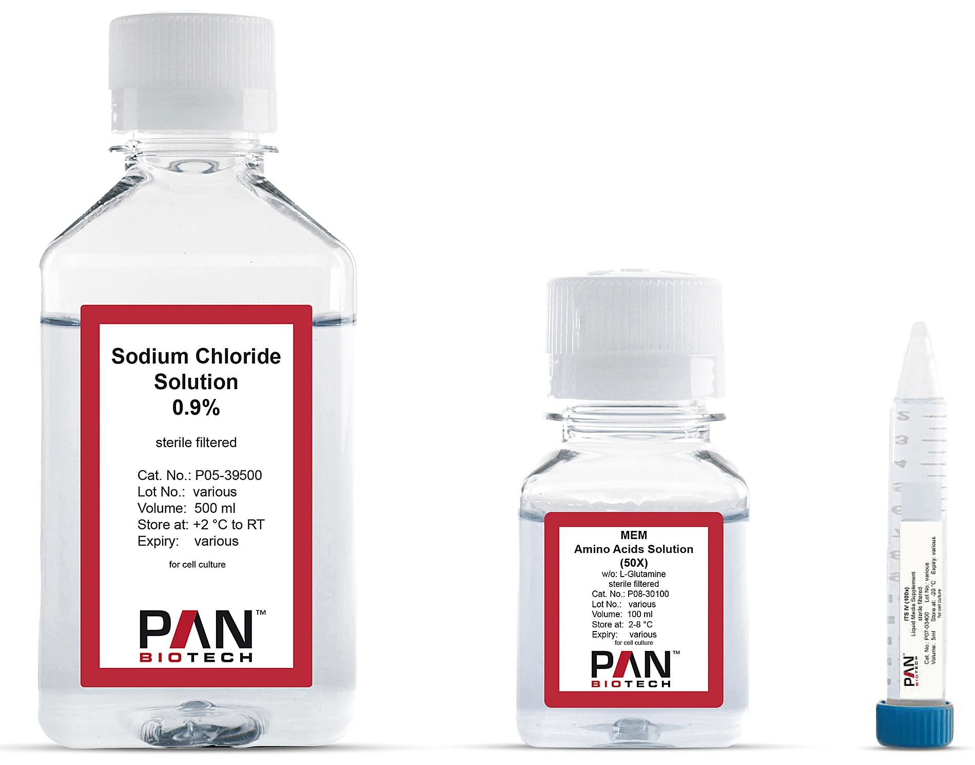 Sodium Chloride Solution 0.9%, MEM Amino Acids Solution (50X) and ITS liquid media supplement by PAN-Biotech