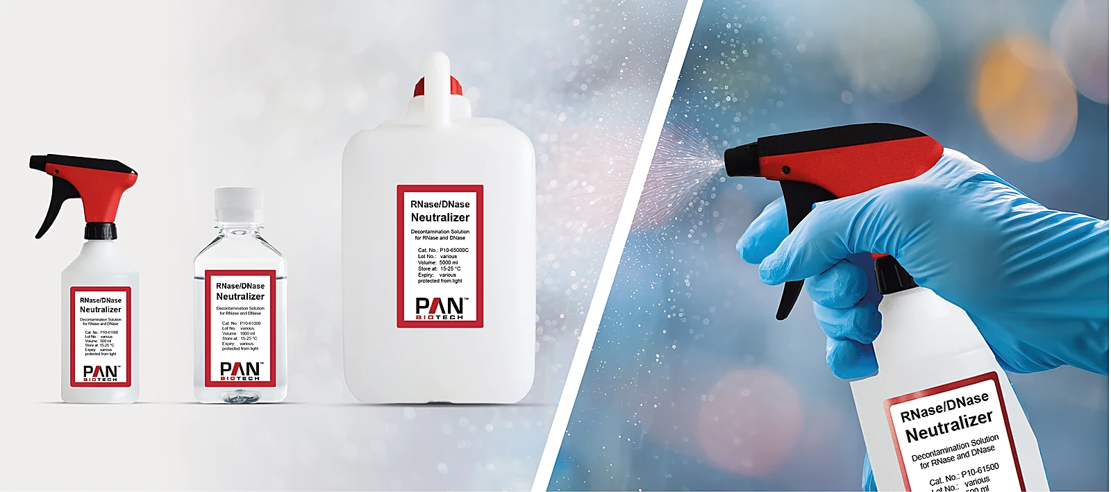 RNase/DNase Neutralizer, decontamination solution for RNase and DNase, as spray bottle, 1,000 ml bottle and 5 L canister, applied to a lab surface
