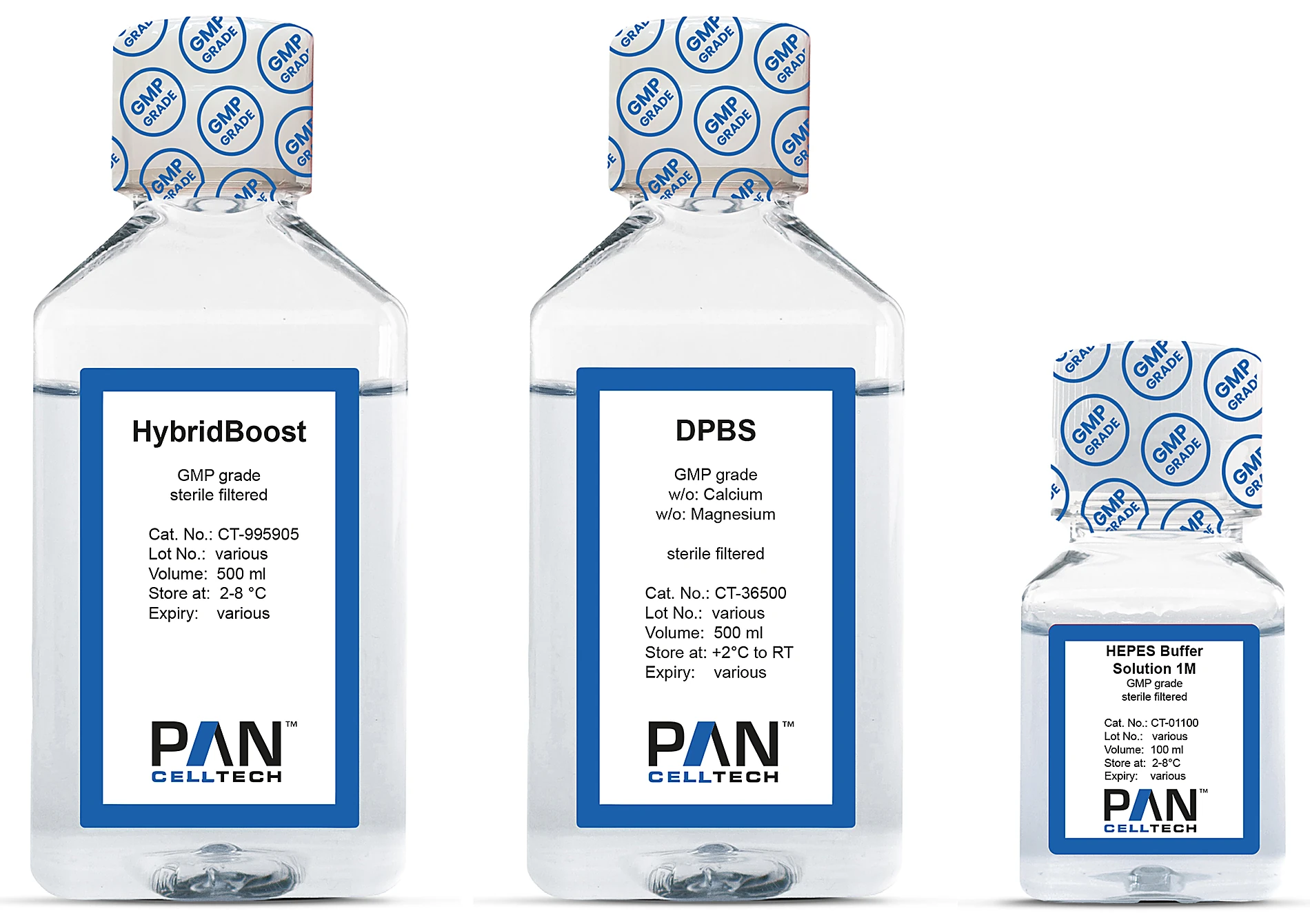 PAN-Celltech GMP-grade downstream liquids: HybridBoost (CT-995905) and DPBS without calcium and magnesium (CT-36500, FDA DMF MF044371) in 500 ml bottles, HEPES Buffer Solution 1M (CT-01100) in 100 ml
