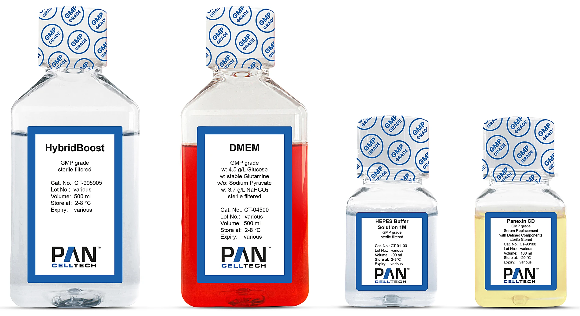 PAN-Celltech GMP-grade products: HybridBoost (CT-995905) and DMEM (CT-04500) in 500 ml bottles, HEPES Buffer Solution 1M (CT-01100) and Panexin CD serum replacement (CT-93100) in 100 ml bottles, with GMP grade caps