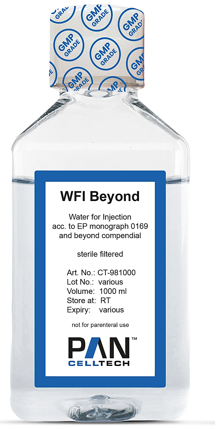 WFI Beyond 1000 ml bottle by PAN-Celltech, Art. No. CT-981000, Water for Injection according to EP monograph 0169 and beyond compendial, GMP grade